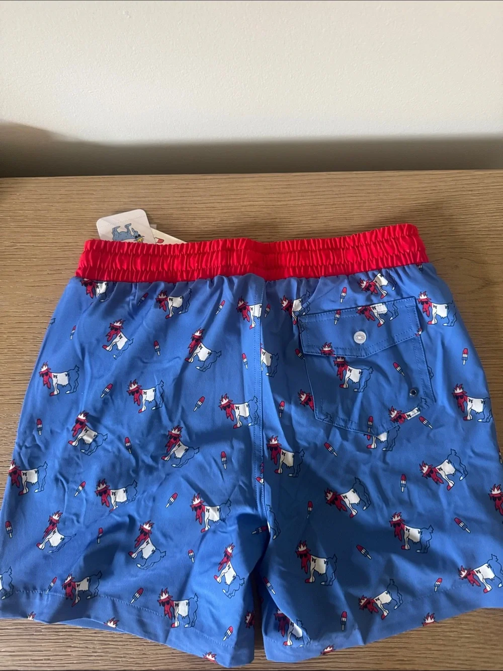 GOAT USA youth XL Boys' Blue Swim Trunks with Red Waistband